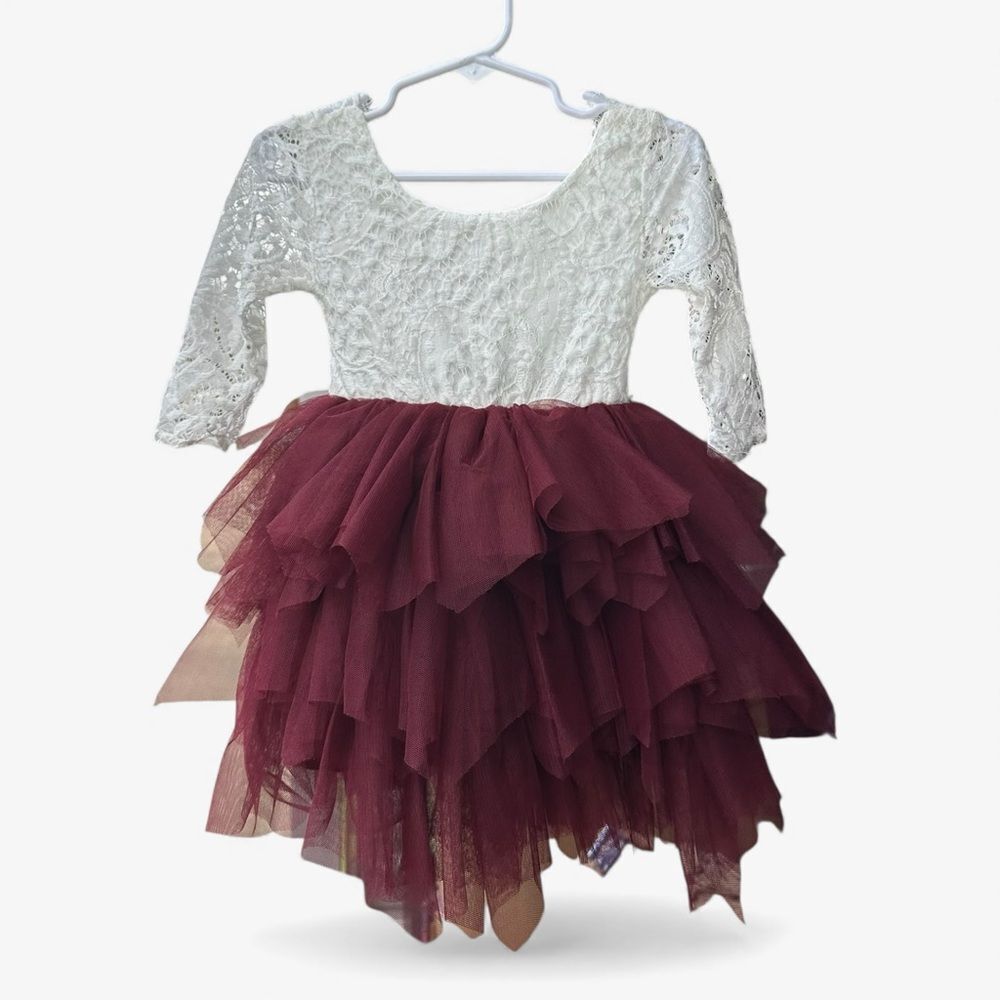 2Bunnies Girls 2T Ivory Lace Burgundy Tulle Dress Flower Girl Party Balletcore